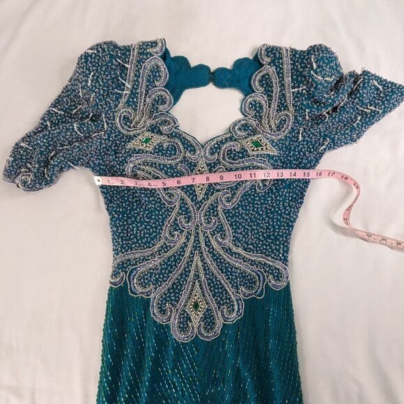 VTG Landa Teal Green Blue Silk Beaded Keyhole Back Maxi Dress Formal Glam - Picture 5 of 10